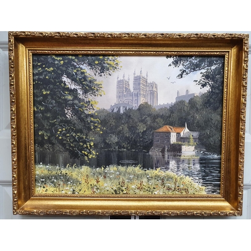 921 - A 20th Century Oil on Canvas of a river scene by John J Kerry. Durham Cathedral.  Signed LR.