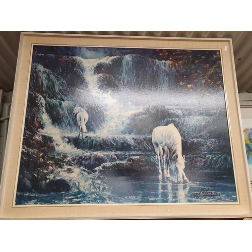 929a - Two large Photographic Prints on Canvas along with a large coloured print of horse at a waterfall.