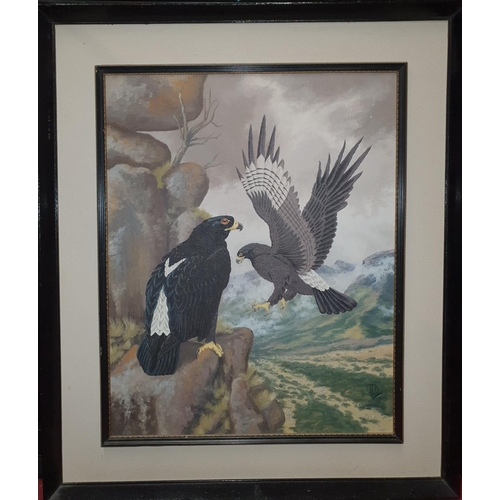 521a - An Oil on Board of Eagles. Monogrammed LR. 41 x 52 cms.