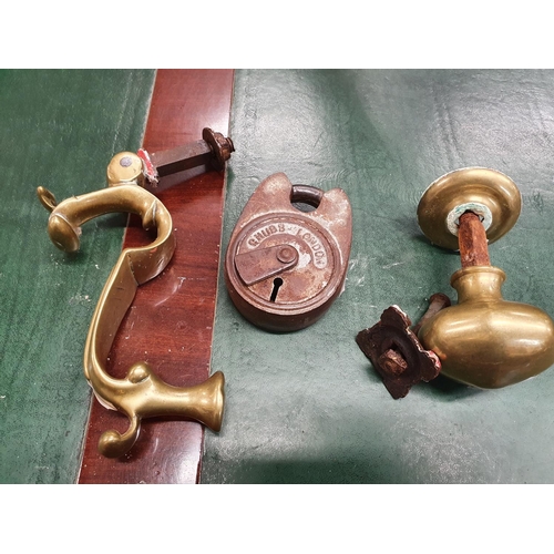 675 - A good heavy Brass Door Knocker, a brass knob along with a vintage Chubb of London lock and key.