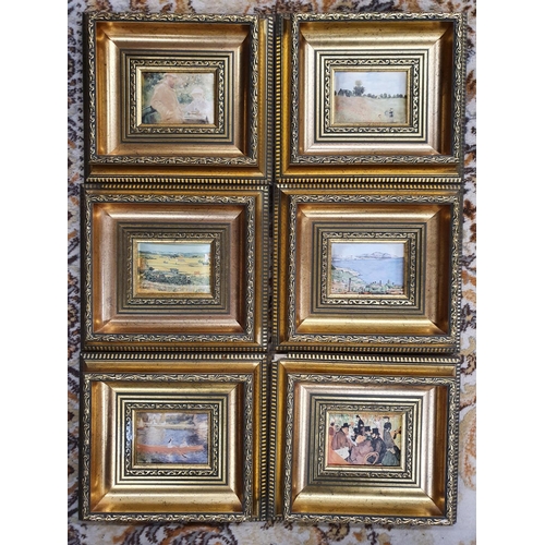 386a - A set of Six silk paneled Pictures in gilt frames.