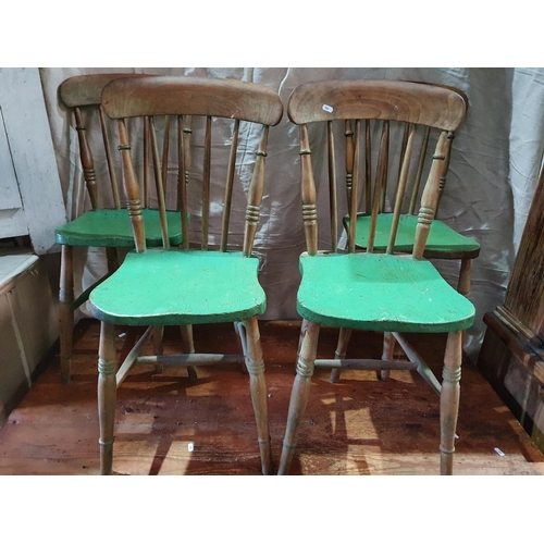 403 - A 19th Century Pine Kitchen Table with stretcher base along with four 19th Century Windsor chairs.77... 