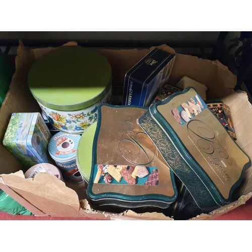 527 - A quantity of vintage Tins, Cameras and Linen along with a box of music Scores etc.