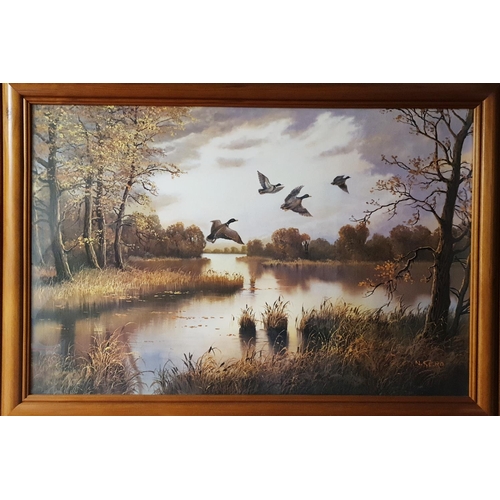 528 - An oil on paper of a winter scene signed LR (38w x 48)along with a large coloured Print of Ducks.75w... 