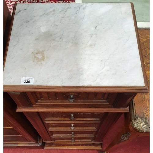 320 - A single 19th Century walnut continental single door cupboard with white marble top.40w x 35d x 91h ... 