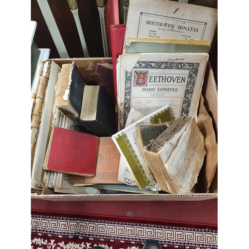 527 - A quantity of vintage Tins, Cameras and Linen along with a box of music Scores etc.