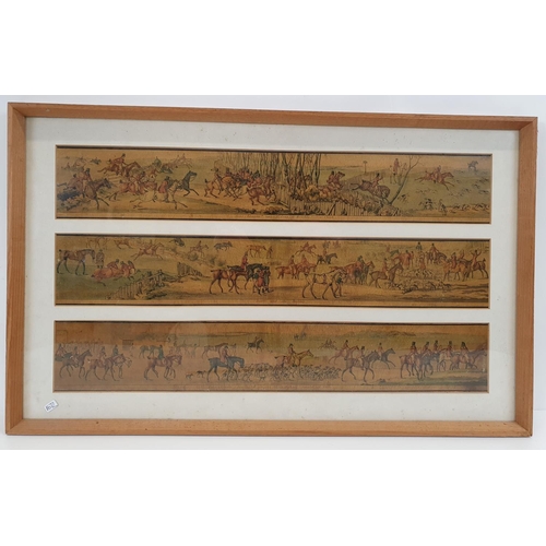 82 - A set of four framed and glazed trios of hunting prints. Entitled verso. Approx.63 X 39 cms.