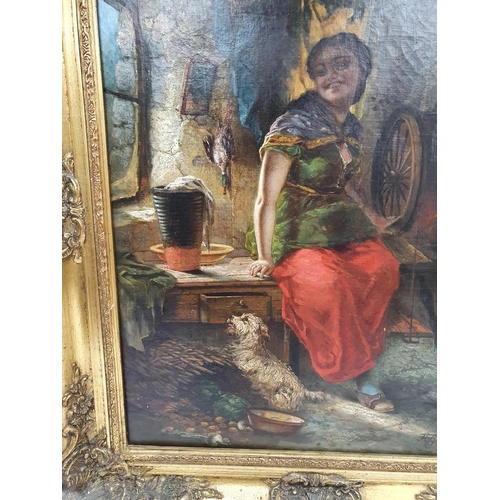 104 - A really good 19th Century oil on Canvas of a young female in an interior scene with dog, signed H B... 