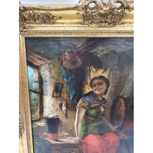 104 - A really good 19th Century oil on Canvas of a young female in an interior scene with dog, signed H B... 