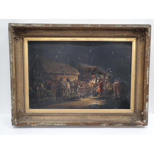 254 - A 19th Century possibly earlier English Oil on Canvas of a coaching scene in an original frame. (fra... 