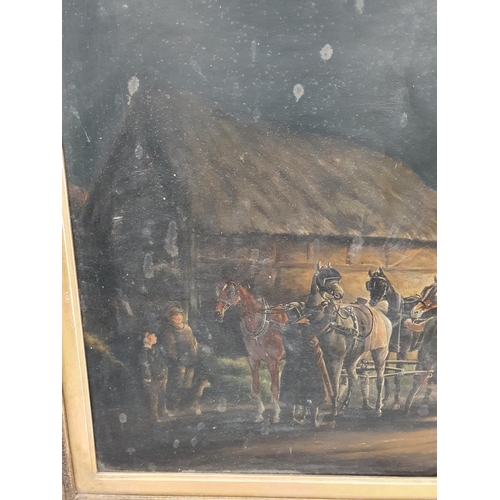 254 - A 19th Century possibly earlier English Oil on Canvas of a coaching scene in an original frame. (fra... 