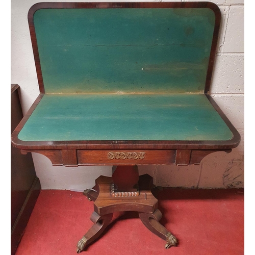 68 - A really good Regency Rosewood fold over Card Table with brass mounted front platform and brass toe ... 