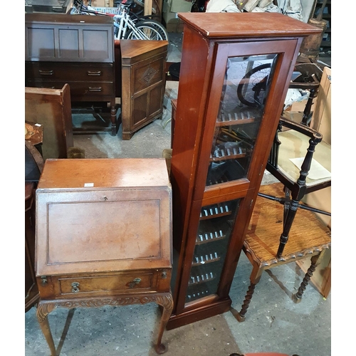 805 - A Walnut Bureau(in need of repair),a fitted Cabinet,Corner Chair and an early 20th Century oak table... 