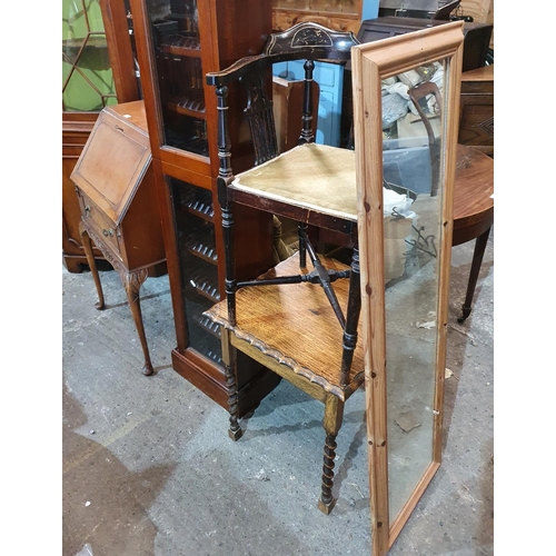 805 - A Walnut Bureau(in need of repair),a fitted Cabinet,Corner Chair and an early 20th Century oak table... 