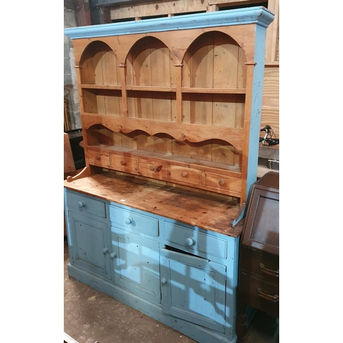 812 - A really good Pine Dresser with stripped and painted outline.W 153 X D 43 X H 199 cms.