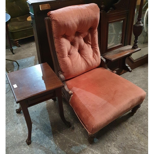 814 - A neat Early 20th Century Oak Side Table along with a 19th Century deep buttoned Ladies Chair.