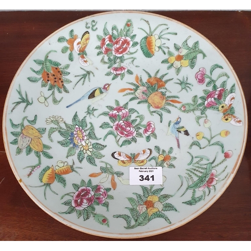 341 - A good Oriental Plate along with two blue and white platters.D 25 cms.