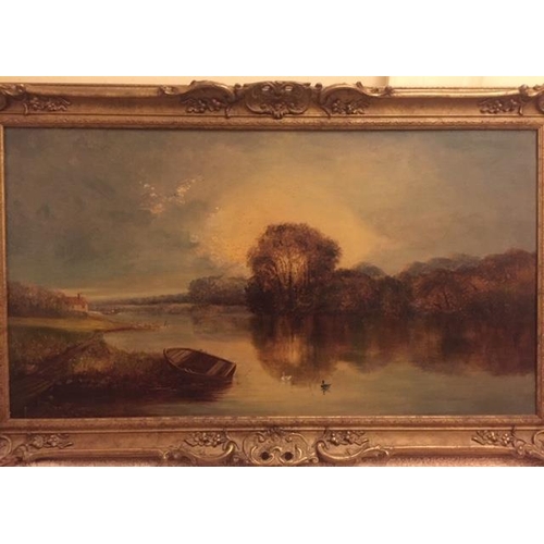 99 - A 19th Century River Landscape at Sunset, oil on Canvas 61 x 101 cms.