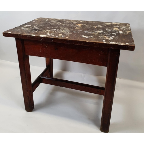 826 - A 19th Century pitch pine kitchen maids Table ( missing drawer) with stretcher base. 92w x 59d x 76h... 