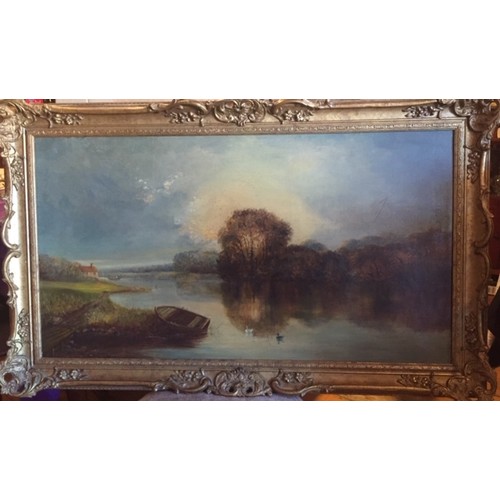 99 - A 19th Century River Landscape at Sunset, oil on Canvas 61 x 101 cms.