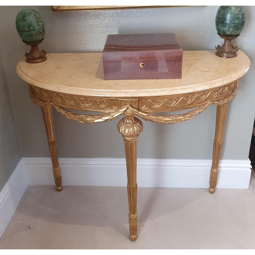 135 - A lovely Timber Gilt half moon Side/Console Table with cream marble top and highly carved outline. 1... 