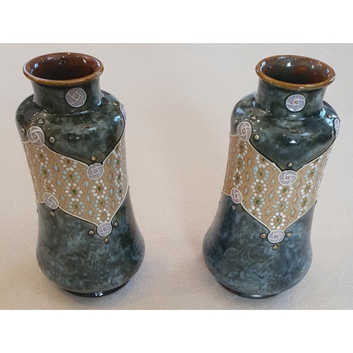 144 - A lovely pair of Doulton Lambeth Salt Glaze Vases. 25 cms high. approx.