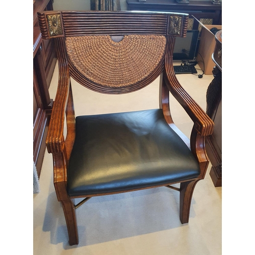 157 - A Superb Regency style reeded Office Armchair with rush back and black leather seat. 66w cms.