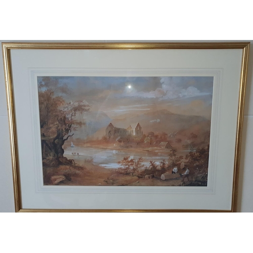 172 - English School 19th Century Watercolour. Study of a lake with a ruined Castle. Unsigned. 43 x 65 cm ... 