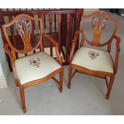 176 - Withdrawn. A lovely pair of Hepplewhite Carvers with Fleur de Lys backs and hand embroidered seats.