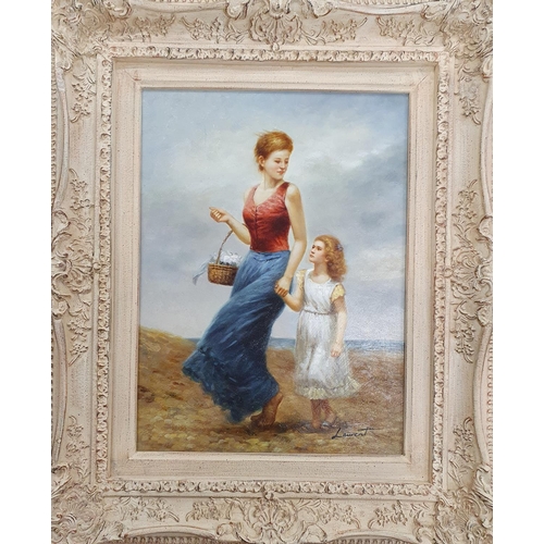 24 - An Oil on Board of a girl holding her mothers hand near a beach. Signed Laurent lower right and insc... 