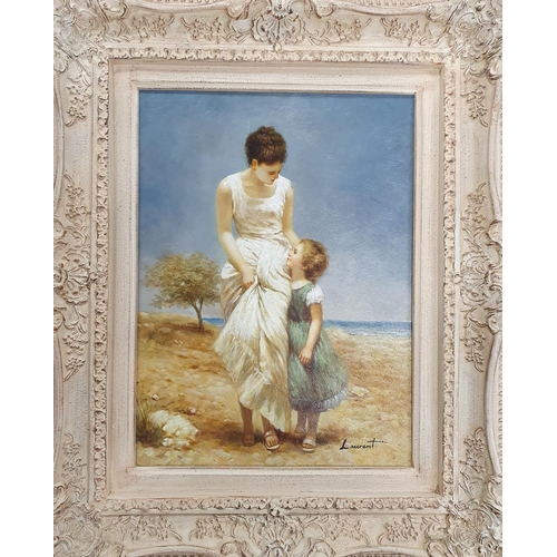 25 - An Oil on Board of a girl holding her mothers hand near a beach. Signed Laurent lower right and insc... 