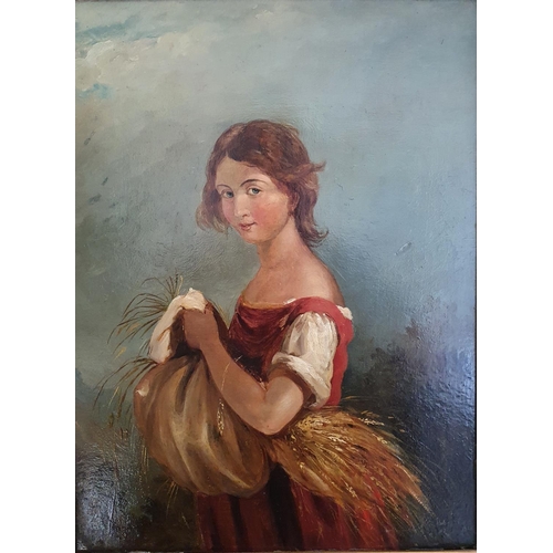 3 - European school, 19th Century Oil on panel. Study of a young farm girl with a sheaf of wheat. Unsign... 