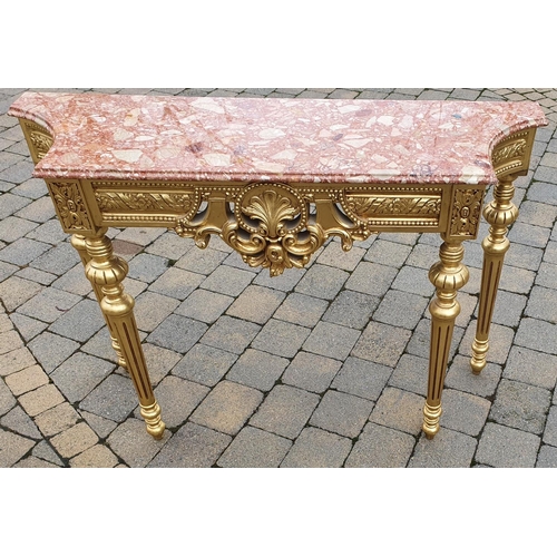 356 - A lovely Timber Gilt Console Table with a rouge marble top.128 x 40 x H 78 cms approx.