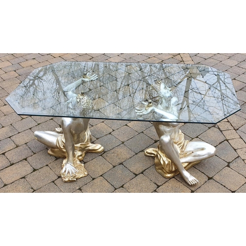 357 - A very unusual modern Coffee Table with a timber carved base and glass top. 130 x 70 cms approx.