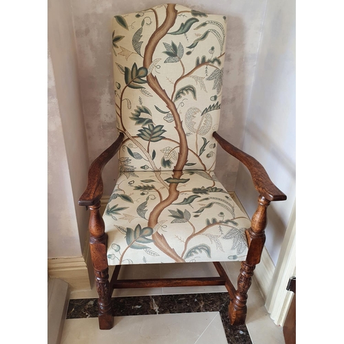 4 - A lovely pair of Carolean style Oak Armchairs with leaf upholstery. Total height 120 x 65 cms approx... 