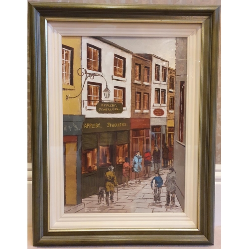 57 - Tom Cullen. Irish 1934 - 2001. Oil on Canvas of a Dublin street scene. Signed lower left. 49 x 34 cm... 