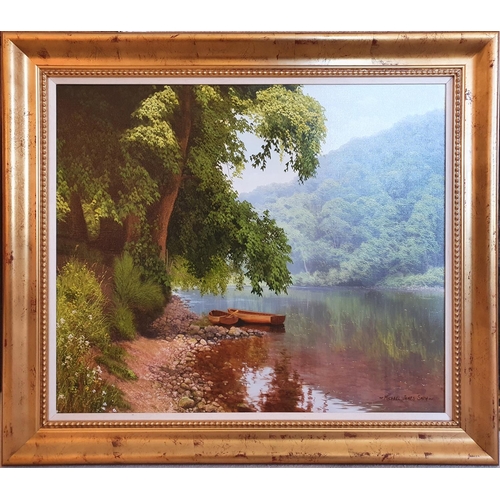 79 - Michael James Smith. Modern British. Oil on Canvas of a wooded landscape with rowing boats. Signed l... 
