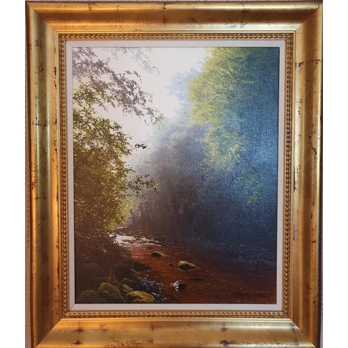 80 - Michael James Smith, modern British. Oil on Canvas of a wooded landscape with running water. Signed ... 
