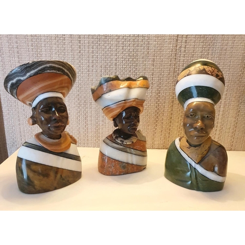 91 - Three African Figural Heads made from Marble by Paul Kgaile. Carved in green and brown Verdite, salm... 