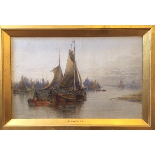 108 - Edwin Hayes R.I. RHA 1819 - 1904 
Boats moored on the Thames at evening, Watercolour. 28 x 46 cm app... 