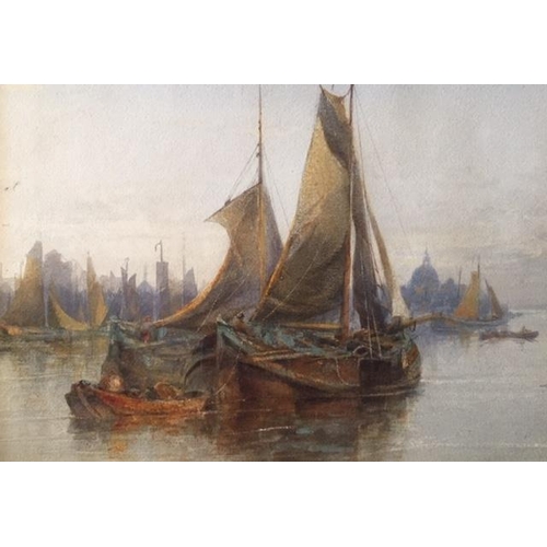 108 - Edwin Hayes R.I. RHA 1819 - 1904 
Boats moored on the Thames at evening, Watercolour. 28 x 46 cm app... 