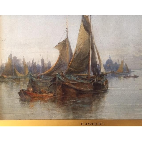 108 - Edwin Hayes R.I. RHA 1819 - 1904 
Boats moored on the Thames at evening, Watercolour. 28 x 46 cm app... 