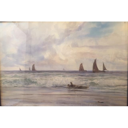 109 - Charles Sim Mottram 1852 - 1919 
Sailing boats at sea in the fresh breeze off a beach with breaking ... 