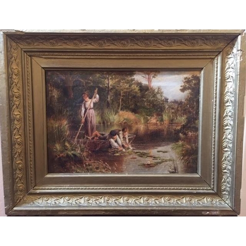 137 - 19th Century British School. Mother and two boys in a punt on a pond collecting lilies, Oil on Canva... 