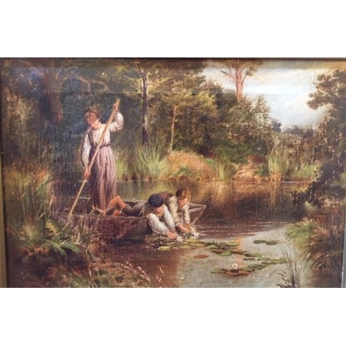 137 - 19th Century British School. Mother and two boys in a punt on a pond collecting lilies, Oil on Canva... 