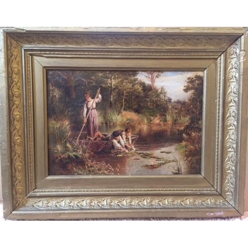 137 - 19th Century British School. Mother and two boys in a punt on a pond collecting lilies, Oil on Canva... 