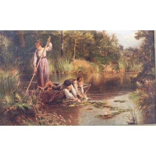 137 - 19th Century British School. Mother and two boys in a punt on a pond collecting lilies, Oil on Canva... 