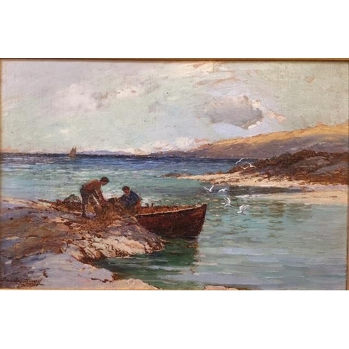 166 - Barkley Henry 1869 - 1946. Fishermen loading nets in a rowing boat on a rocky shoreline, Oil on Canv... 