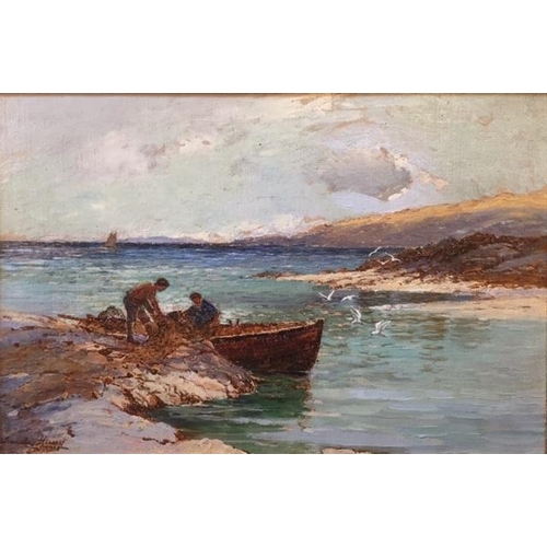 166 - Barkley Henry 1869 - 1946. Fishermen loading nets in a rowing boat on a rocky shoreline, Oil on Canv... 