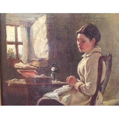 167 - William McKenzie 19th Century. A Pensive Moment. A young woman seated at a table by a cottage window... 